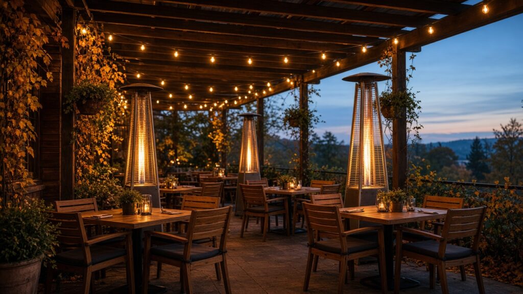 Covered patio at dusk with warm string lights and heaters