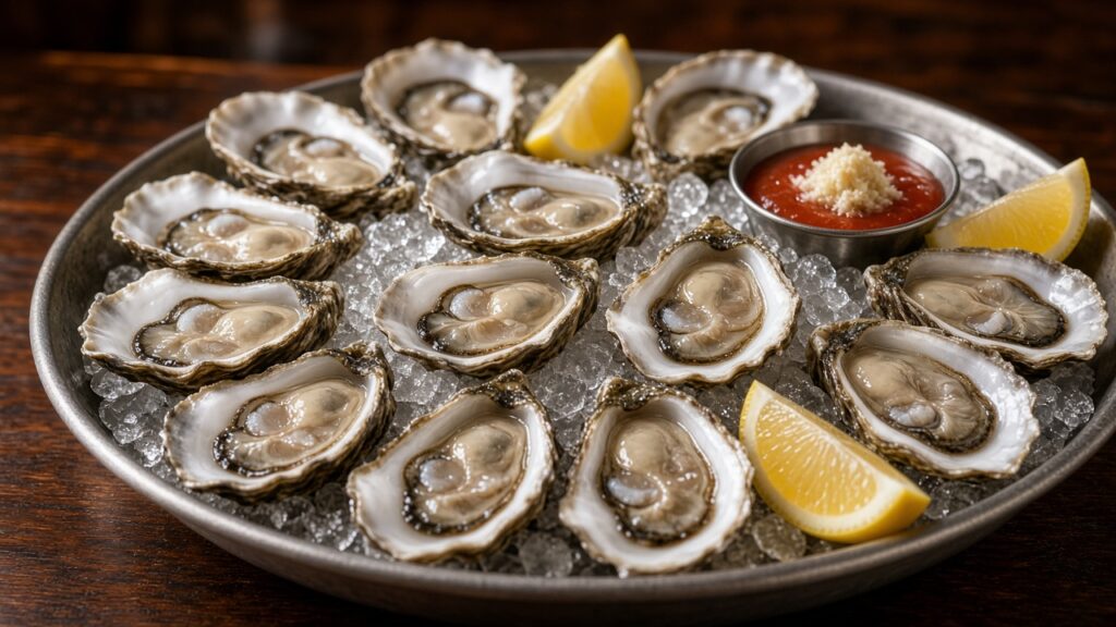 Fresh oysters on crushed ice with lemon wedges
