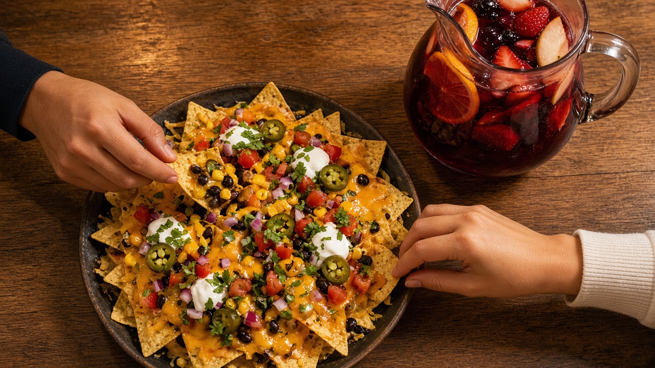 Friends sharing a drink and nachos at a warmly lit table